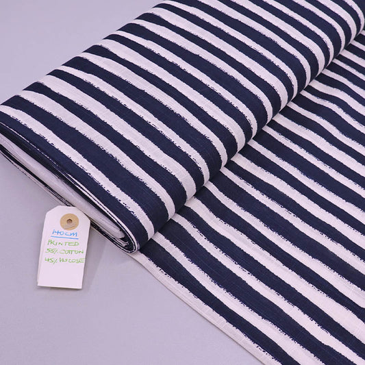 Dressmaking Cotton and Viscose Mix - Wobble Stripe - Navy and Off White