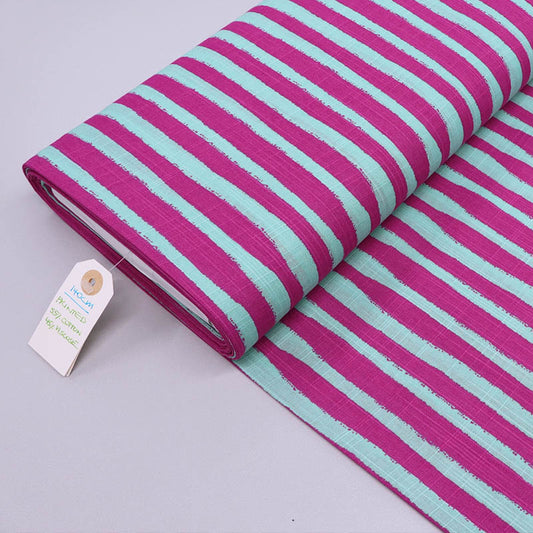 Dressmaking Cotton and Viscose Mix - Wobble Stripe - Raspberry and Mint