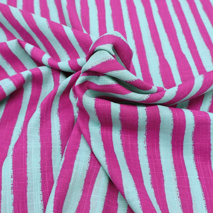 Dressmaking Cotton and Viscose Mix - Wobble Stripe - Raspberry and Mint