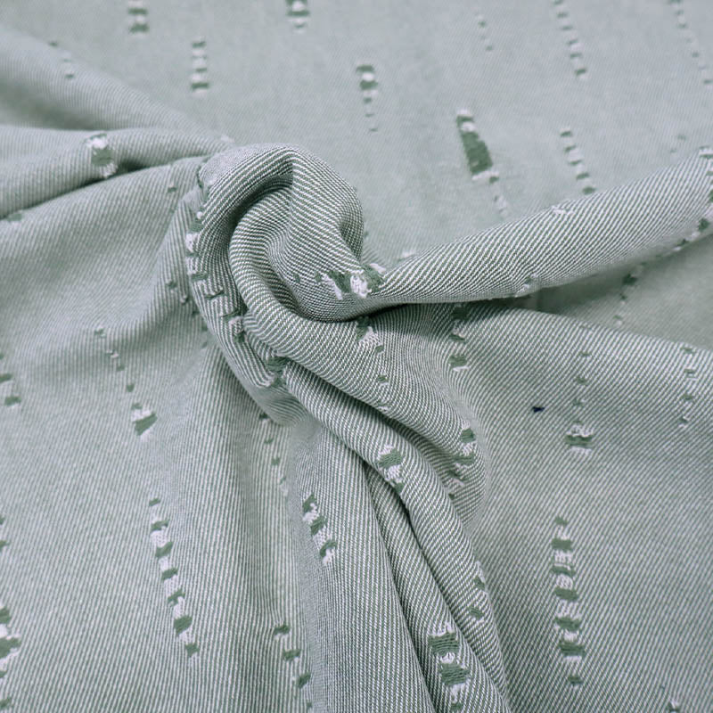 80% Cotton 20% Polyester Pale Green Distressed Denim Fabric