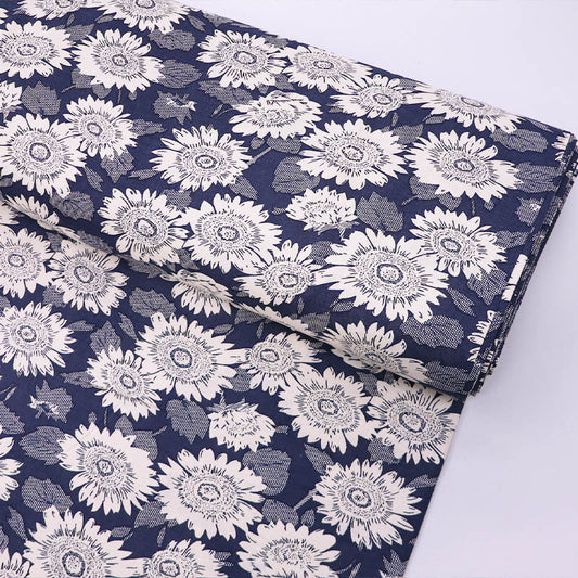 70% Viscose 30% Linen Floral Linen Viscose Fabric - Cream and Blue