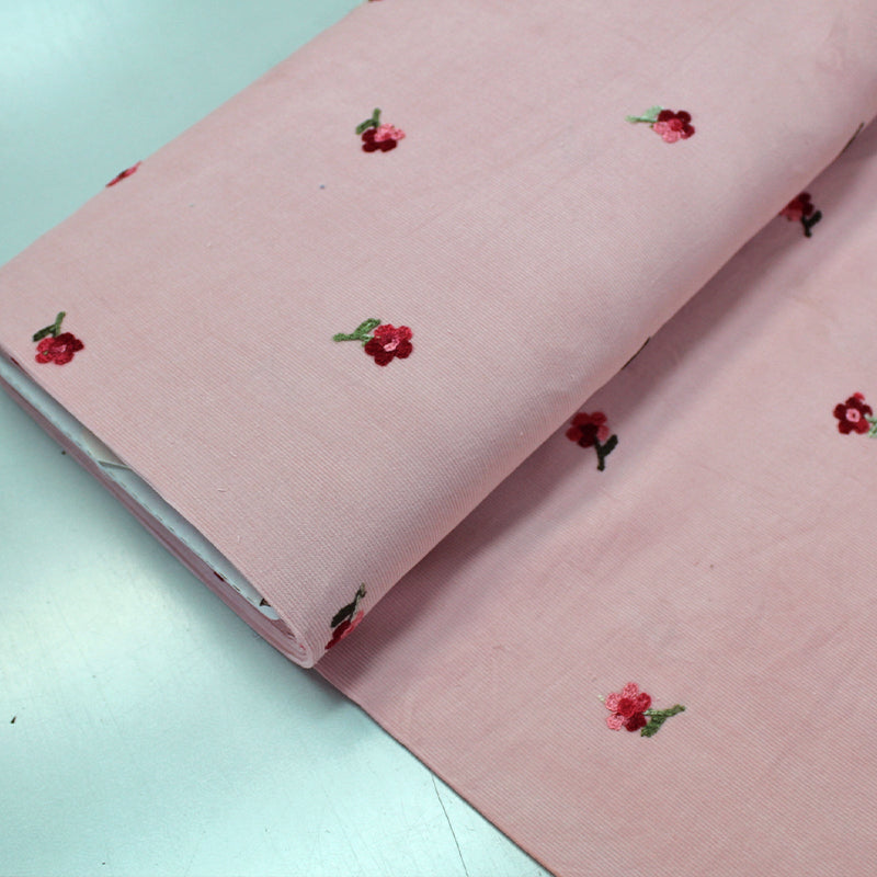 97% Cotton 3% Polyester   Pink Rose Embroidered Corduroy Fabric