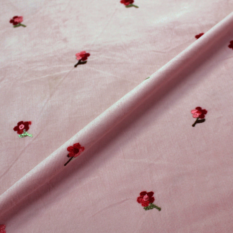 97% Cotton 3% Polyester   Pink Rose Embroidered Corduroy Fabric