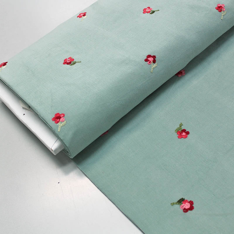 100% Cotton  Rose Embroidered Green Corduroy Fabric