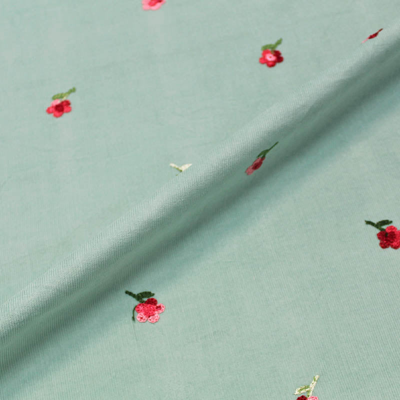100% Cotton  Rose Embroidered Green Corduroy Fabric