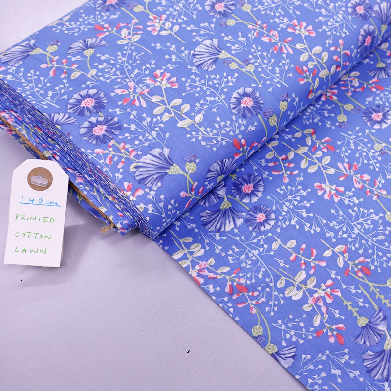100% Cotton Blue Floral Cotton Lawn Fabric
