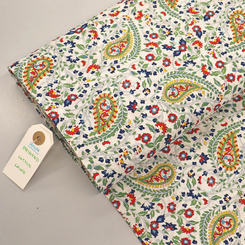 100% Cotton Cream Floral Cotton Lawn Fabric with blue and red floral design