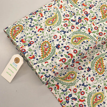 100% Cotton Cream Floral Cotton Lawn Fabric with blue and red floral design
