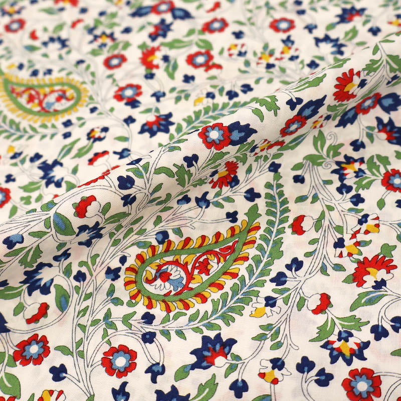 100% Cotton Cream Floral Cotton Lawn Fabric with blue and red floral design