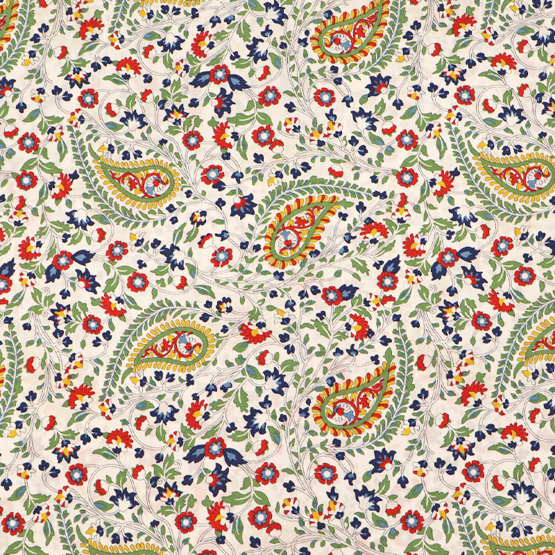 100% Cotton Cream Floral Cotton Lawn Fabric with blue and red floral design
