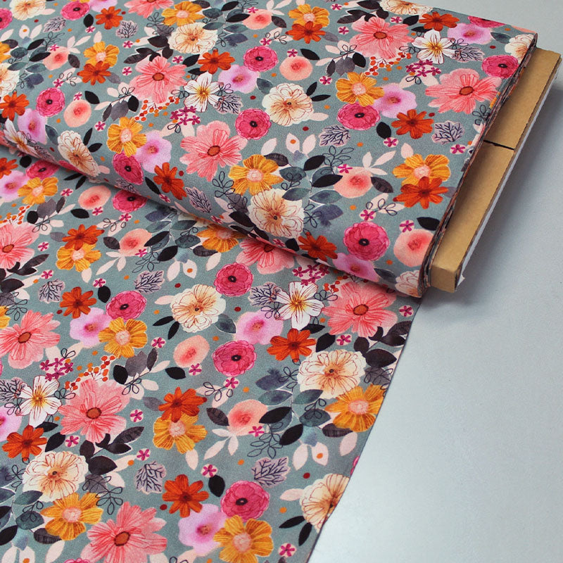 Grey and pink Floral Viscose Fabric