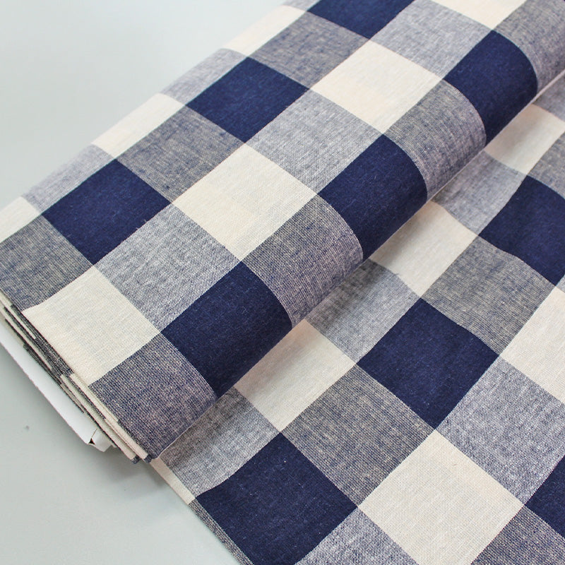 Navy Blue and Cream Gingham Fabric Linen and Viscose