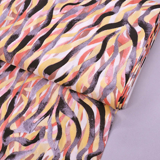 100% Viscose Orange, Yellow and Black Viscose Fabric - Ribbon Print