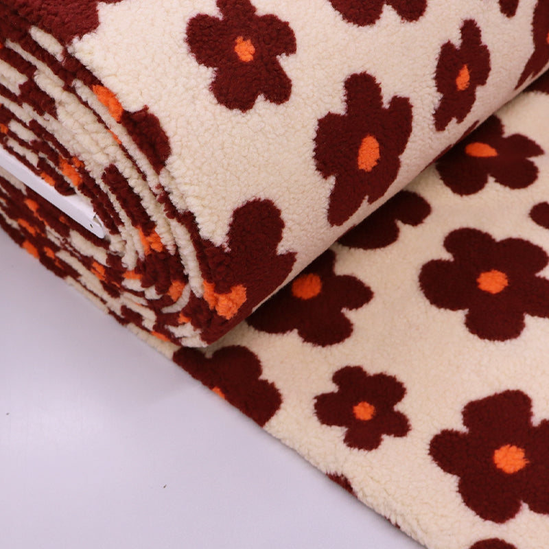 100% Polyester Sherpa Fleece Fabric - Cream and Burgundy Floral
