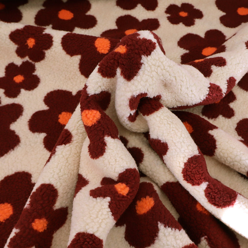 100% Polyester Sherpa Fleece Fabric - Cream and Burgundy Floral