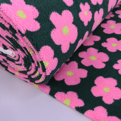 100% Polyester Sherpa Fleece Fabric - Dark Green and Pink Floral