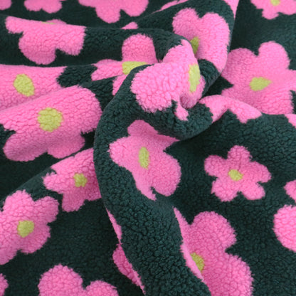 100% Polyester Sherpa Fleece Fabric - Dark Green and Pink Floral
