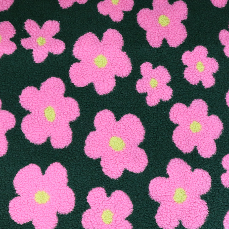 100% Polyester Sherpa Fleece Fabric - Dark Green and Pink Floral