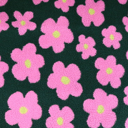 100% Polyester Sherpa Fleece Fabric - Dark Green and Pink Floral