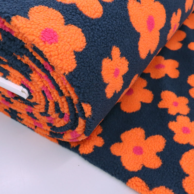 100% Polyester Sherpa Fleece Fabric - Navy Blue and Orange Floral