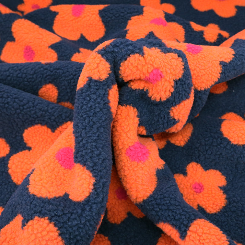 100% Polyester Sherpa Fleece Fabric - Navy Blue and Orange Floral
