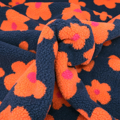 100% Polyester Sherpa Fleece Fabric - Navy Blue and Orange Floral