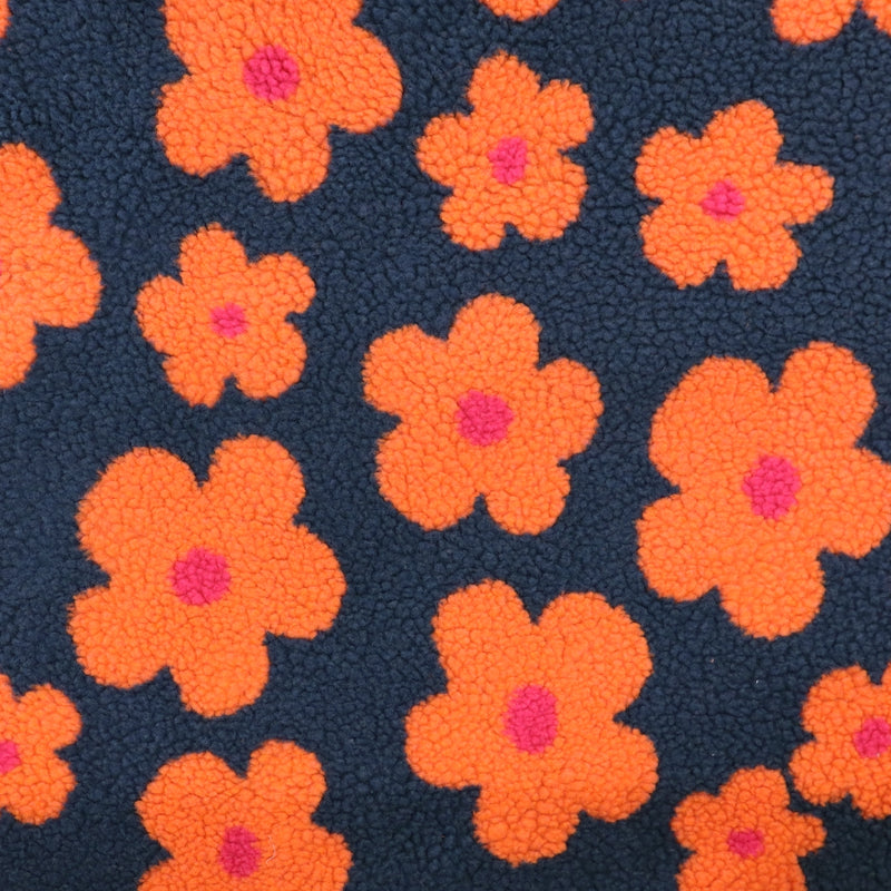 100% Polyester Sherpa Fleece Fabric - Navy Blue and Orange Floral