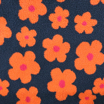 100% Polyester Sherpa Fleece Fabric - Navy Blue and Orange Floral