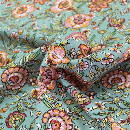 Green and Orange Floral Viscose Fabric