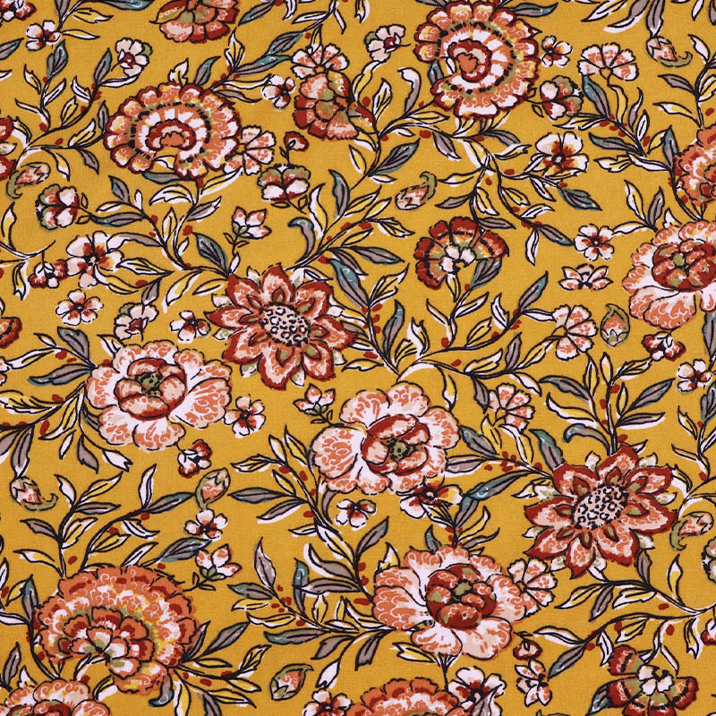 Dressmaking Viscose Mustard Orange Flowers Fabrics Galore
