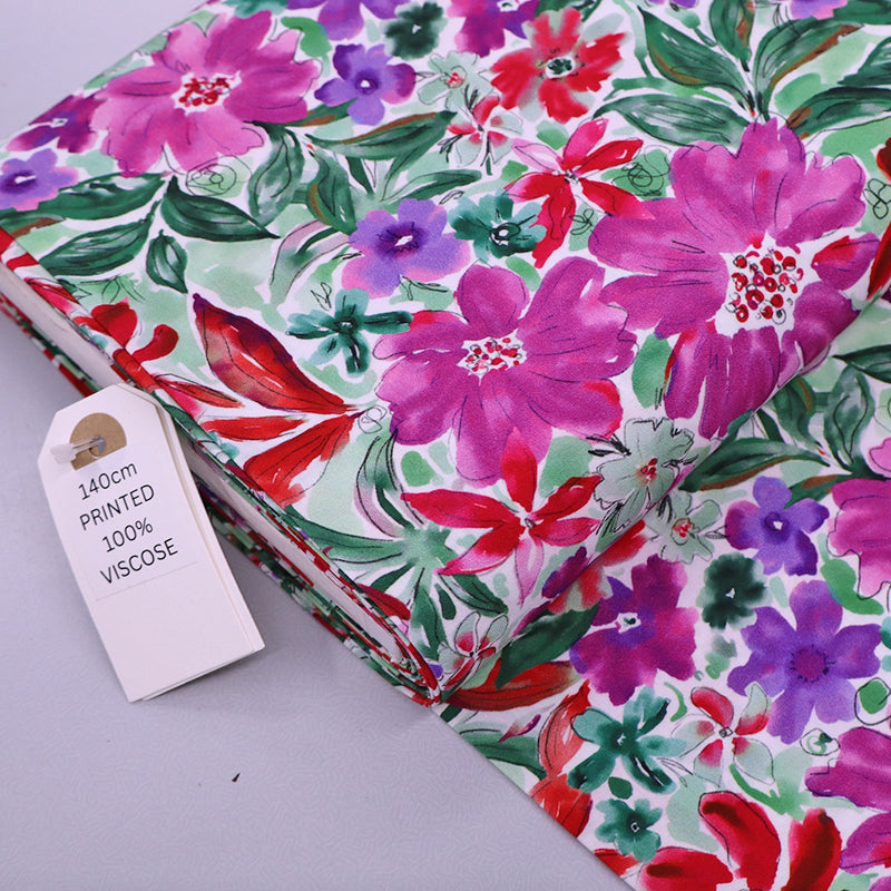 100% Viscose Floral Viscose Fabric - Pink and Purple Watercolour flowers