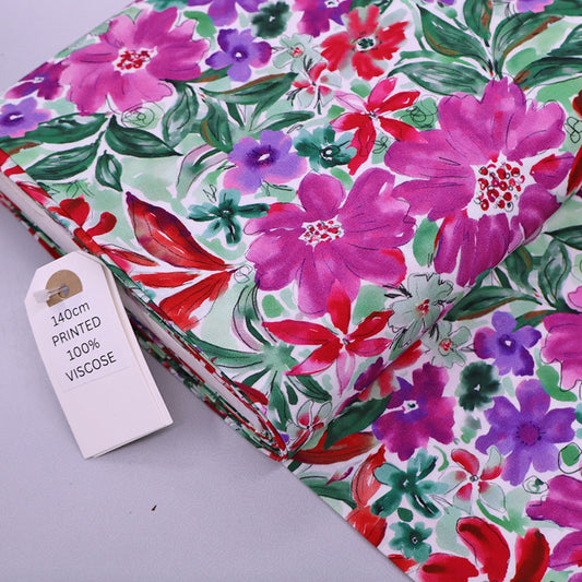 100% Viscose Floral Viscose Fabric - Pink and Purple Watercolour flowers