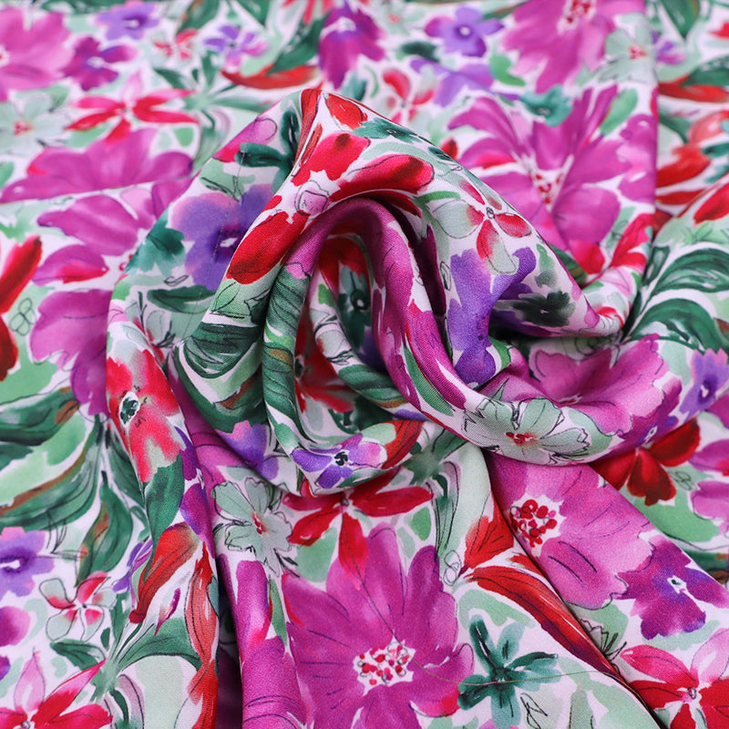 100% Viscose Floral Viscose Fabric - Pink and Purple Watercolour flowers