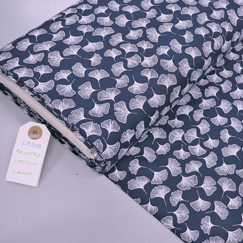 100% Cotton Navy Cotton Lawn Fabric - Ginkgo Print