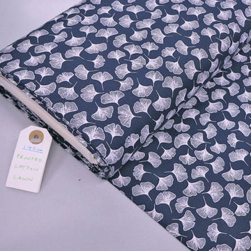 100% Cotton Navy Cotton Lawn Fabric - Ginkgo Print