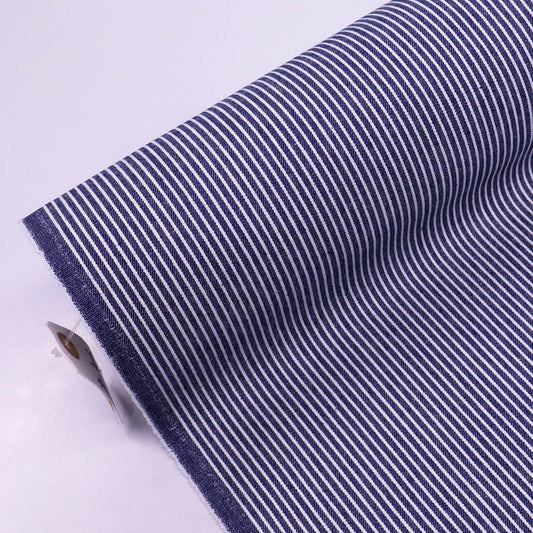 100% Cotton Hickory Striped Denim Fabric - Dark Blue and White