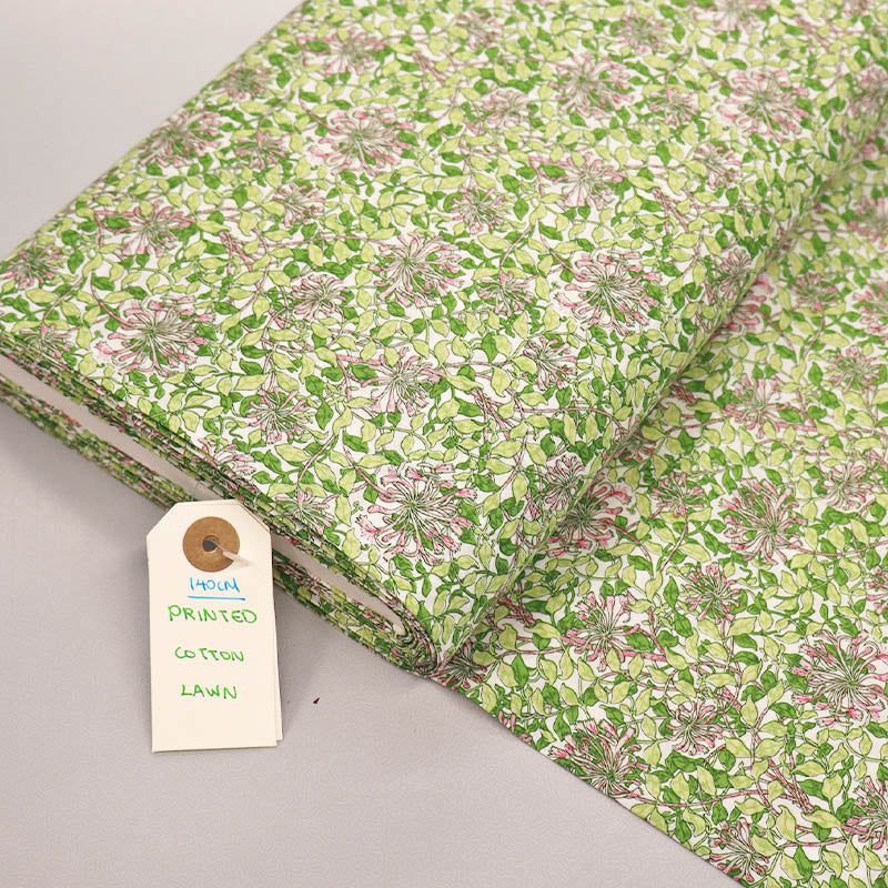 100% Cotton Green and Pink Floral Cotton Lawn Fabric