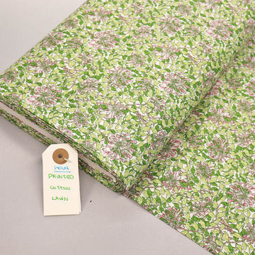 100% Cotton Green and Pink Floral Cotton Lawn Fabric