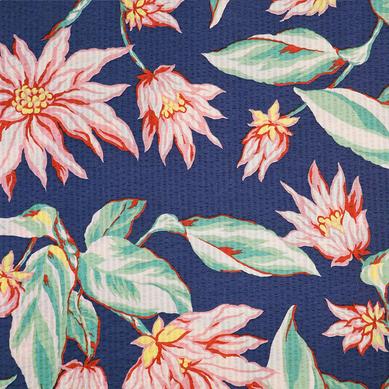 100% Cotton Navy Blue Pale Pink and Green Floral Seersucker Fabric