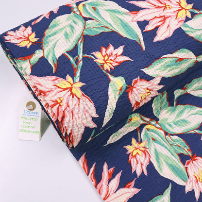 100% Cotton Navy Blue Pale Pink and Green Floral Seersucker Fabric