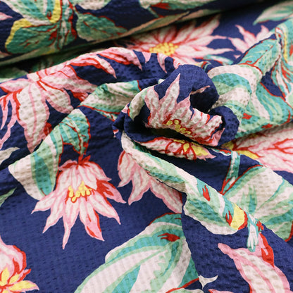 100% Cotton Navy Blue Pale Pink and Green Floral Seersucker Fabric