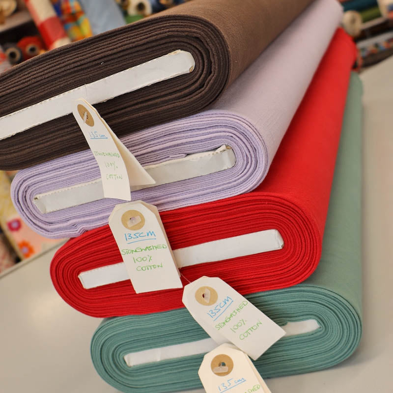 100% Cotton Stonewashed Cotton Fabrics in Brown, Lilac, Red and Mint Green