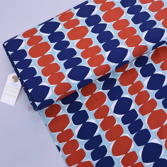 100% Ecovero Viscose Fabric - Dark Blue and Red abstract design on pale blue background