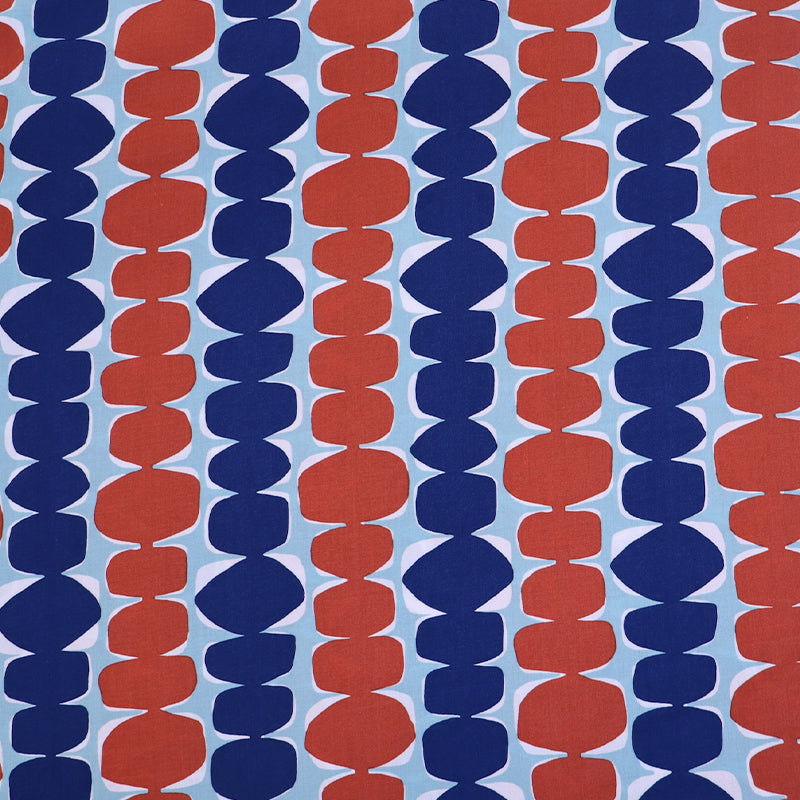 100% Ecovero Viscose Fabric - Dark Blue and Red abstract design on pale blue background
