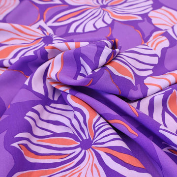 100% Viscose Ecovero Viscose Fabric - Lilac and Orange Tropical Print