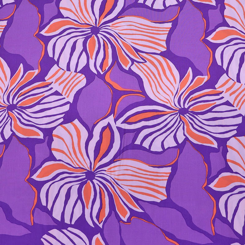 100% Viscose Ecovero Viscose Fabric - Lilac and Orange Tropical Print