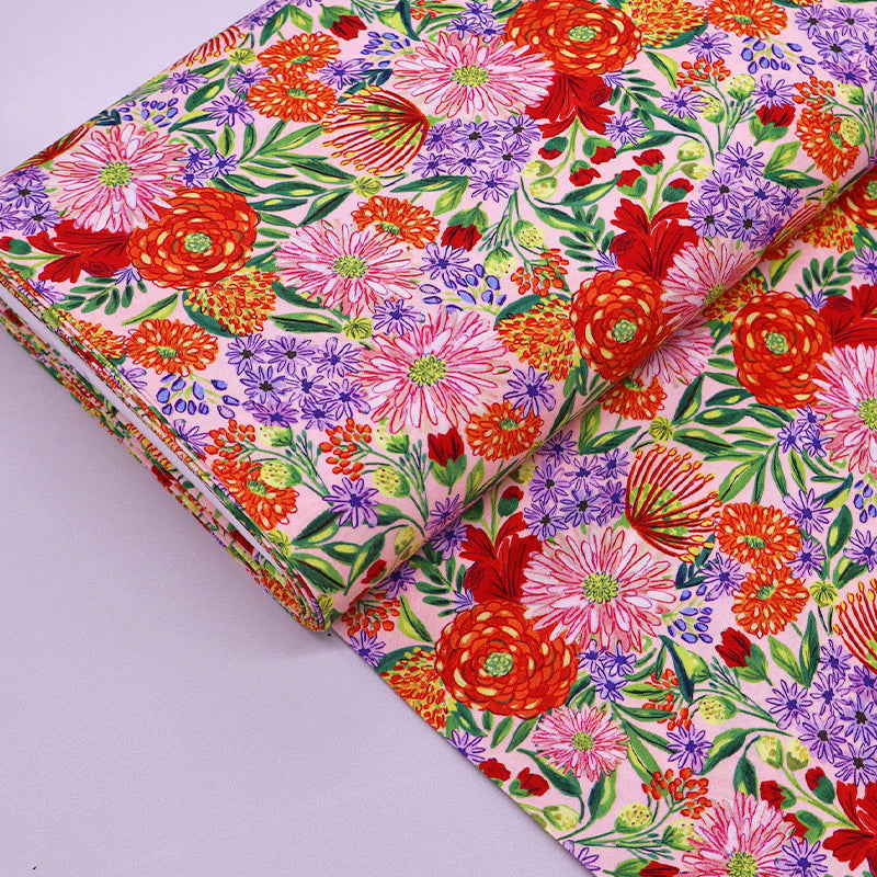 100% Viscose Ecovero Viscose Fabric - Pink, Red and Lilac Floral with green leaves