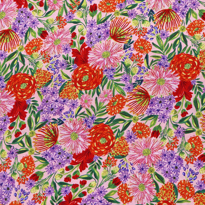100% Viscose Ecovero Viscose Fabric - Pink, Red and Lilac Floral with green leaves