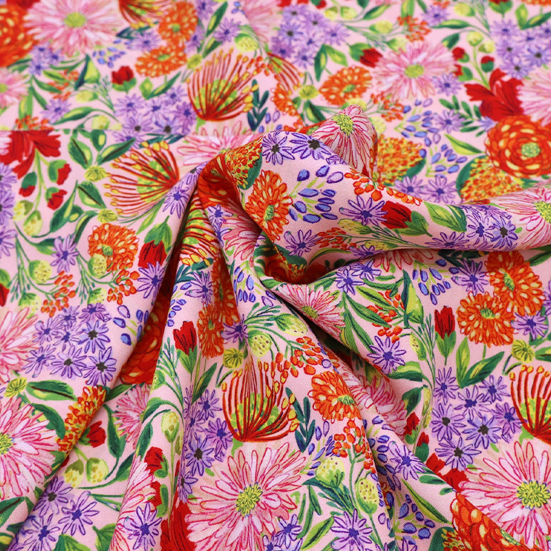100% Viscose Ecovero Viscose Fabric - Pink, Red and Lilac Floral with green leaves