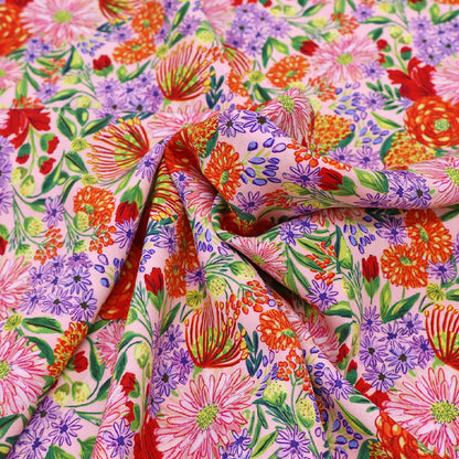 100% Viscose Ecovero Viscose Fabric - Pink, Red and Lilac Floral with green leaves